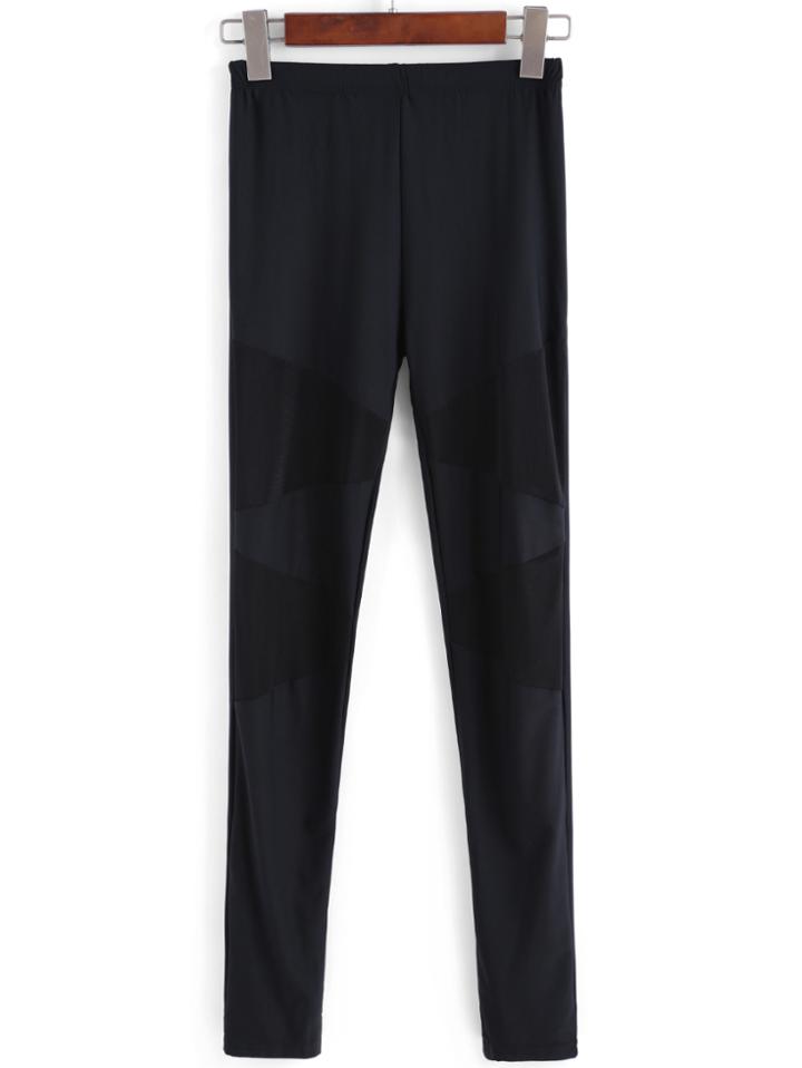 Romwe Elastic Waist Contrast Sheer Mesh Leggings