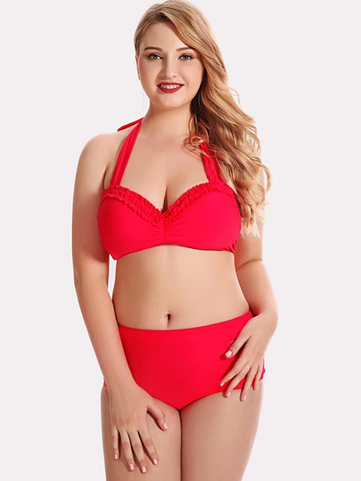 Romwe Frill Detail Solid Bikini Set