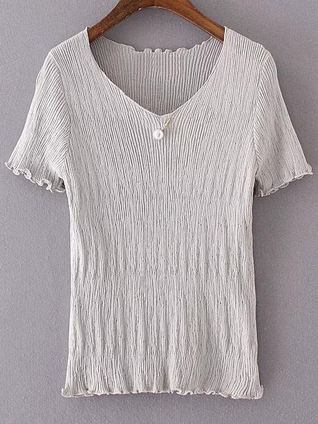 Romwe Grey V Neck Pearl Ruched Knitted Short Sleeve Blouse