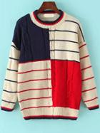 Romwe Color-block Striped Cable Knit Sweater