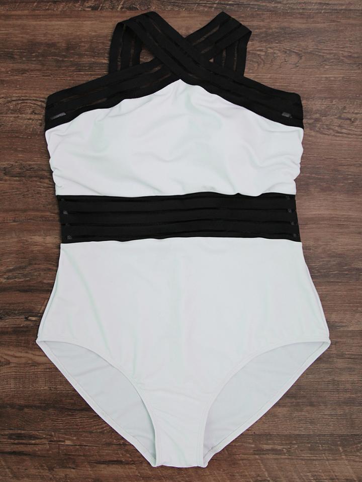 Romwe Contrast Trim Mesh Striped Swimsuit