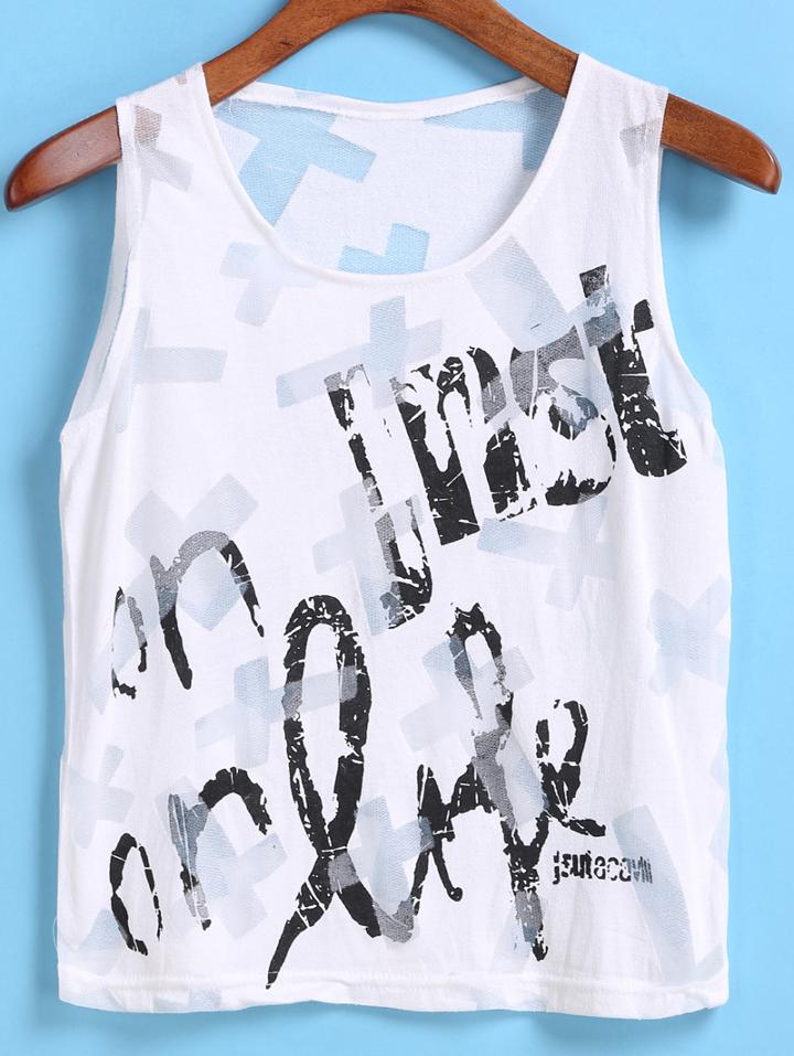 Romwe Cross Letter Print White Tank Top