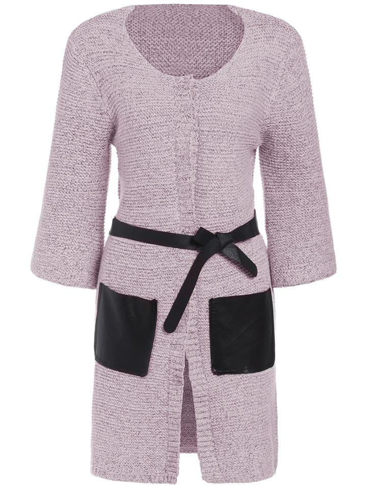 Romwe Round Neck Belt Patch Pockets Purple Coat
