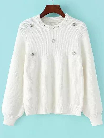 Romwe Lantern Sleeve Beaded White Sweater