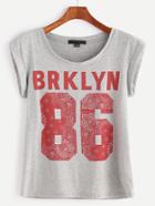 Romwe Heather Grey Varsity Print Cuffed T-shirt