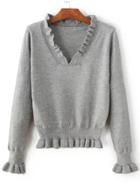 Romwe Grey Ruffle V Neck Peplum Sweater