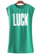 Romwe Green Sleeveless Luck Print Casual Dress