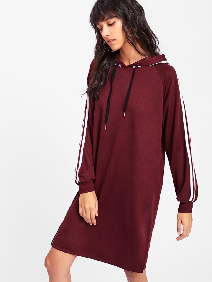 Romwe Tape Trim Letter Ribbon Detail Raglan Hoodie Dress