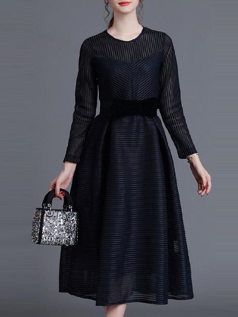 Romwe Navy Pleated Bowknot A-line Dress