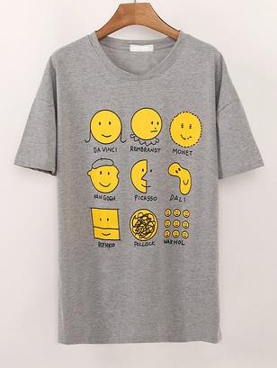 Romwe Cartoon Print Grey T-shirt