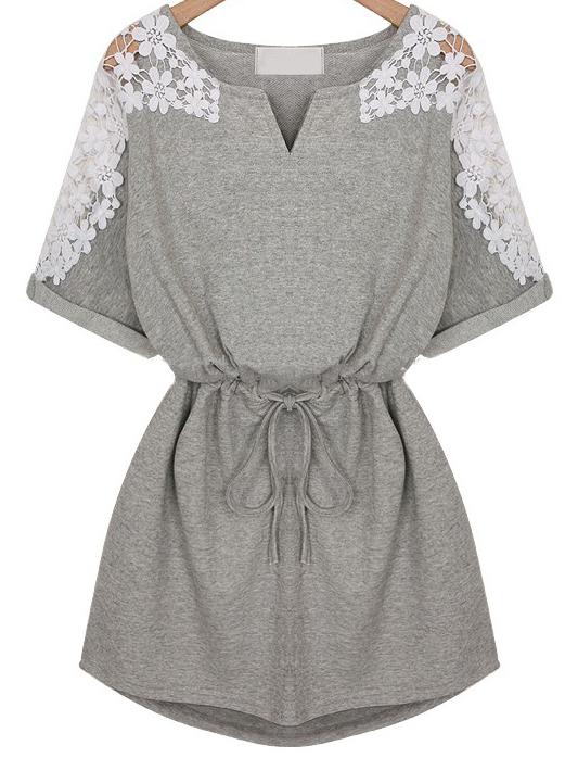 Romwe Crochet Insert Drawstring Waist Dress