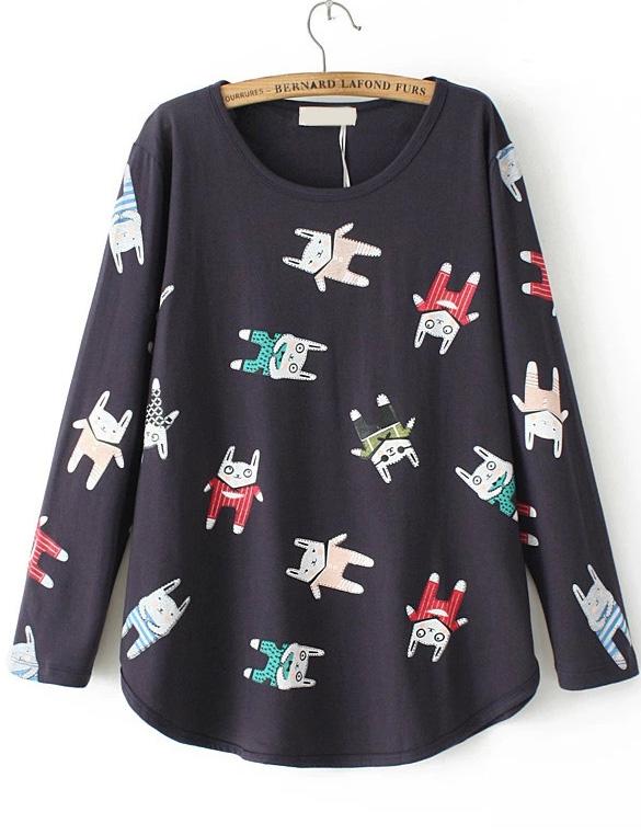Romwe Rabbit Print Loose Navy T-shirt