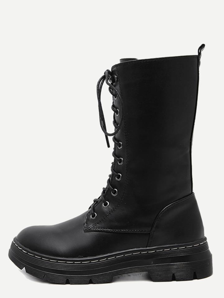 Romwe Black Faux Leather Lace Up Mid Calf Boots