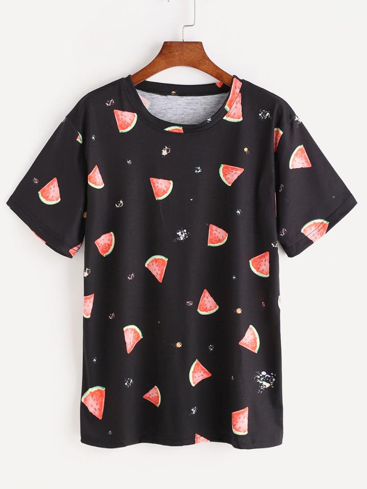 Romwe Black Watermelon Print T-shirt