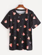 Romwe Black Watermelon Print T-shirt