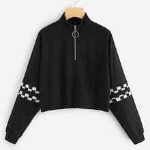 Romwe Contrast Checkered Panel Zip Up Pullover