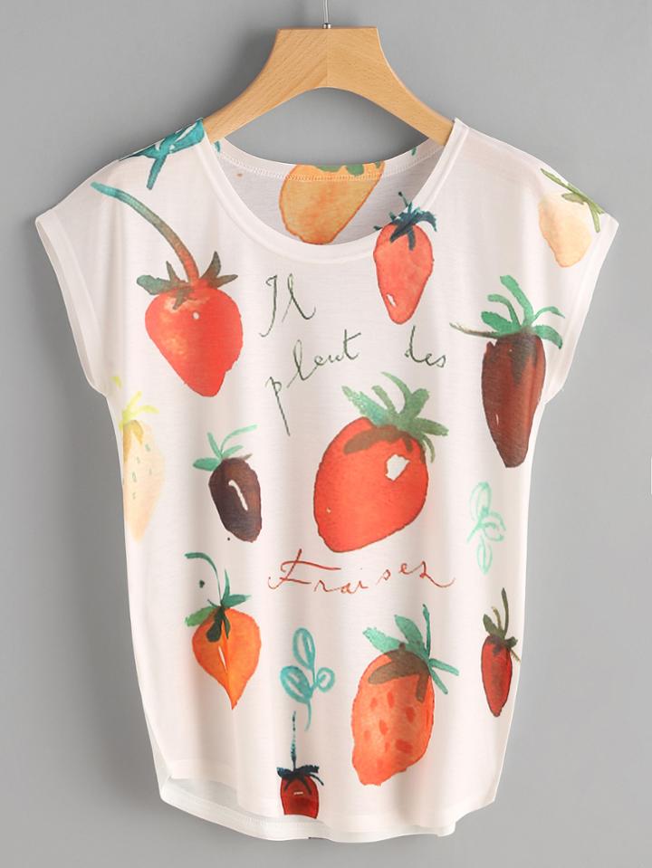 Romwe Fruits Print Cap Sleeve Tee