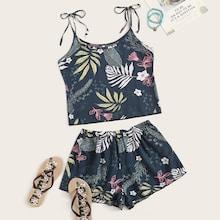 Romwe Floral & Leaf Print Cami Pj Set