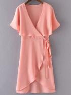 Romwe Pink Deep V Neck Cape Sleeve Wrap Dress