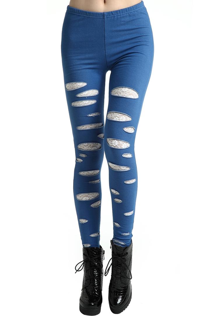Romwe Romwe Dual-tone Distressed Turquoise Slit Leggings