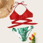 Romwe Wrap Halter Top With Random Tropical Bikini Set