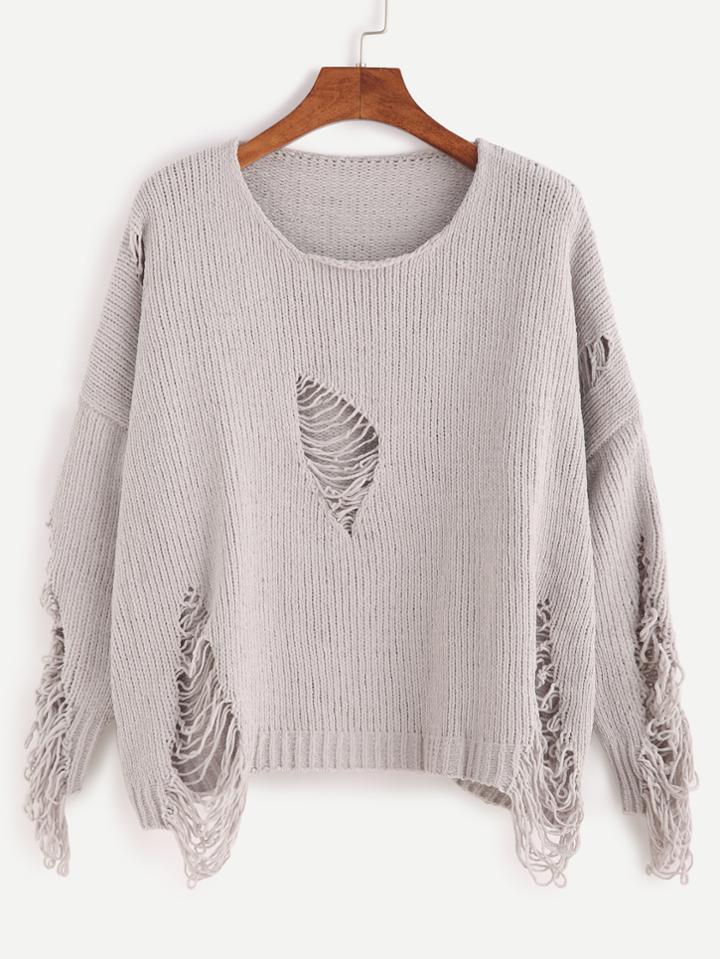 Romwe Grey Dropped Shoulder Seam Ripped Sweater
