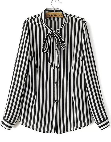 Romwe Black Tie Collar Vertical Stripe Blouse