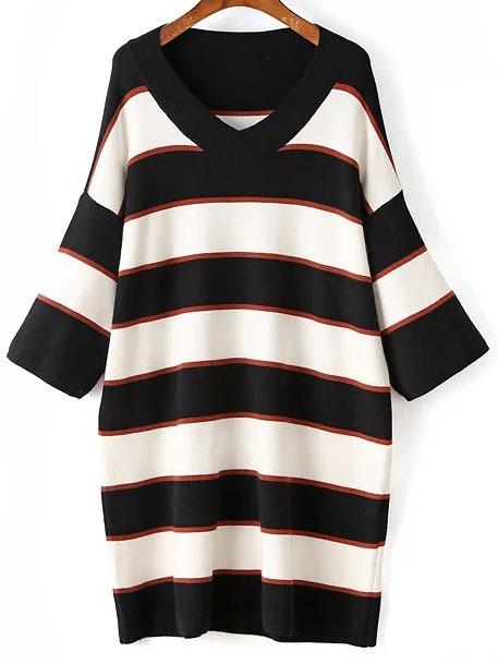 Romwe White Contrast Striped Three Quarter Length Sleeve Knit Dress