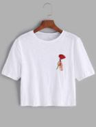Romwe White Flower Embroidered Crop T-shirt