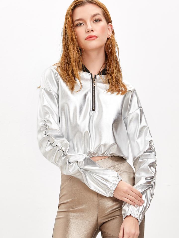 Romwe Silver Pu Leather Contrast Collar Zip Detail Crop Sweatshirt