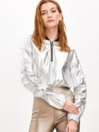 Romwe Silver Pu Leather Contrast Collar Zip Detail Crop Sweatshirt