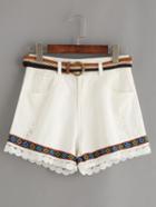 Romwe White Belted Embroidered Tape Trimmed Ripped Denim Shorts