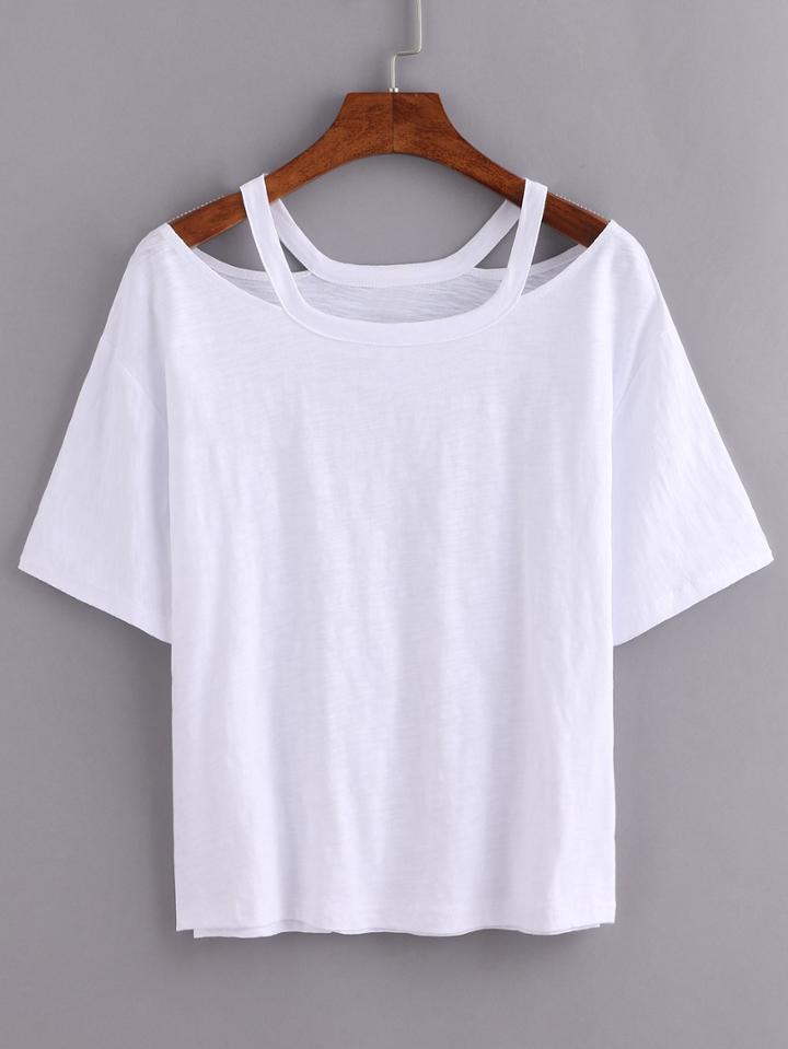 Romwe Cutout Loose-fit White T-shirt