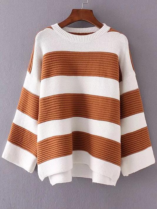Romwe Color Block Striped Drop Shoulder High Low Knitwear
