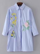 Romwe Flower Embroidery Pinstripe Shirt Dress