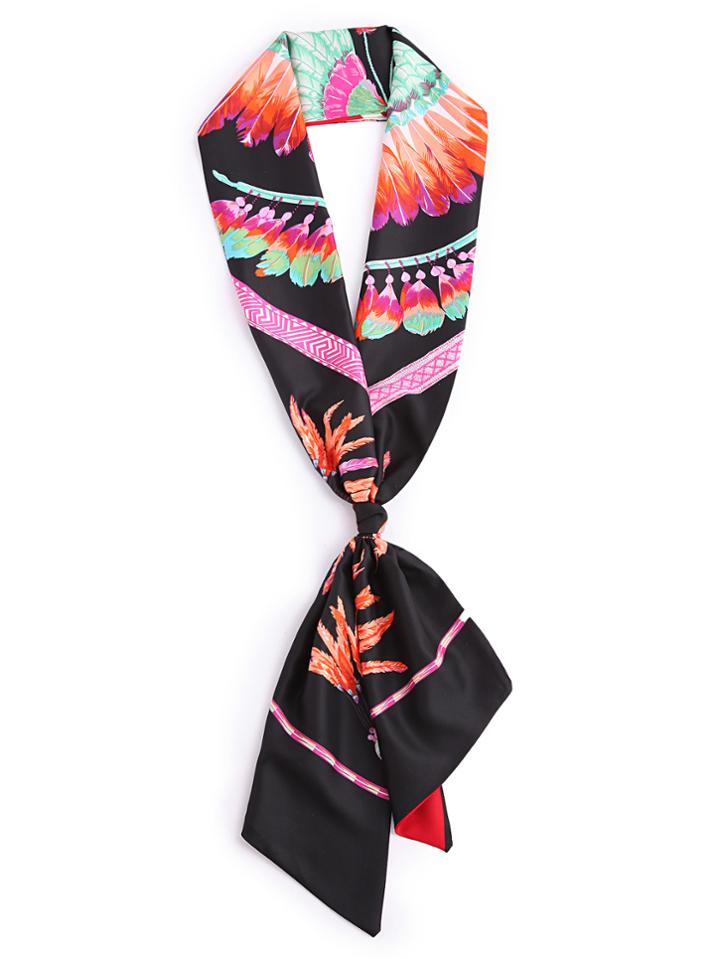 Romwe Feather Print Satin Skinny Scarf