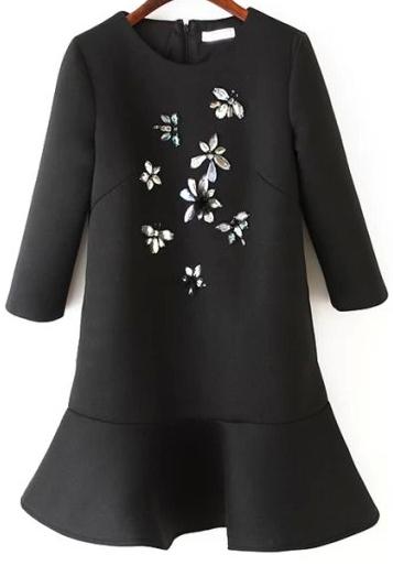Romwe Gemstone Embellished Flouncing Black Dress