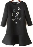 Romwe Gemstone Embellished Flouncing Black Dress