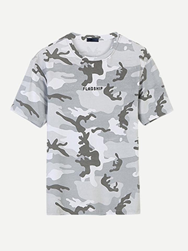 Romwe Men Camo Letter Print Tee