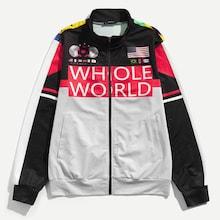 Romwe Guys Zip & Pocket Up Color Block Letter Jacket