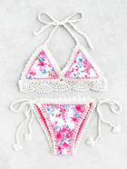 Romwe Calico Print Crochet Trim Bikini Set