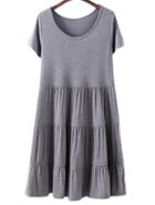 Romwe Dark Grey Round Neck Ruffle Hem Cake Dress