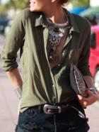 Romwe Army Green Long Sleeve Blouses