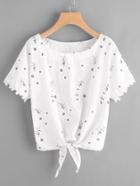 Romwe Floral Lace Cuff Graphic Print Knot Front Tee