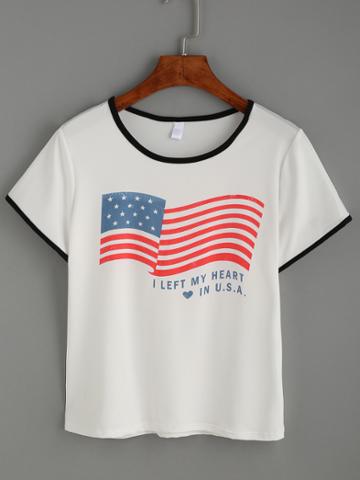 Romwe White American Flag Print Contrast Trim T-shirt