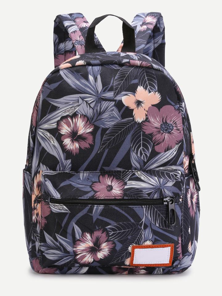 Romwe Black Floral Front Zipper Nylon Backpack