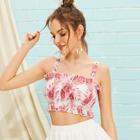 Romwe Frilled Trim Tropical Print Shirred Crop Top