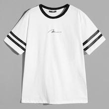 Romwe Guys Striped And Letter Tee