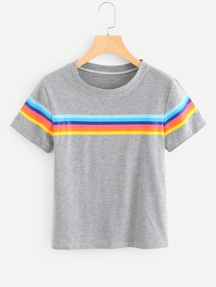 Romwe Rainbow Stripe Panel Marled Tee