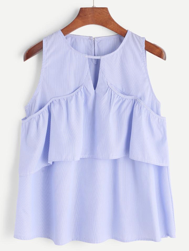 Romwe Blue Striped Cut Out Ruffle Tank Top